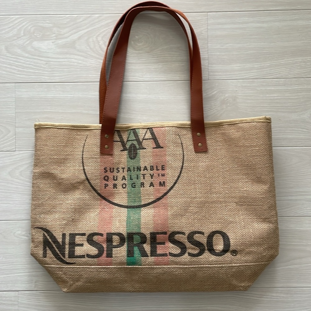 Nespresso Burlap Tote with Faux Leather Straps